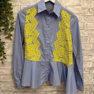 𝅺PREEN by Thornton Bregazzi Peplum Blouse Women’s Extra‎ Small Yellow Blue Lace